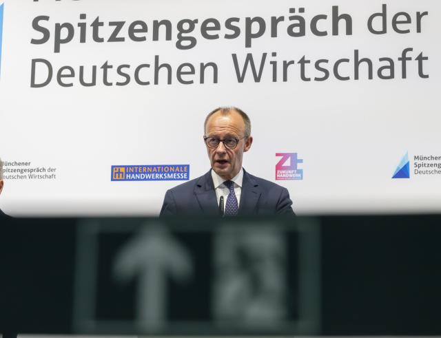 06 March 2026, Bavaria, Munich: German Chancellor Friedrich Merz speaks at the top-level meeting of German industry at the International Skilled Crafts Fair. Photo: Peter Kneffel/dpa