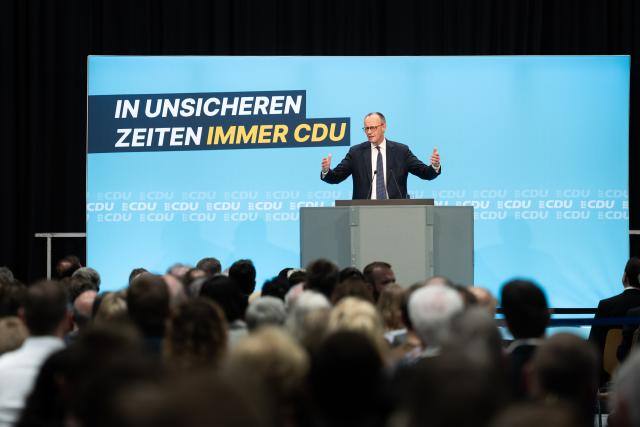 06 March 2026, Baden-Wuerttemberg, Stockach: German Chancellor Friedrich Merz speaks during the Christian Democratic Union of Germany (CDU) Baden-Wuerttemberg's campaign finale in the Jahnhalle in Stockach for the 2026 state election. Photo: Silas Stein/dpa