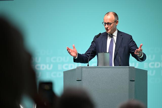 06 March 2026, Baden-Wuerttemberg, Ravensburg: German Chancellor Friedrich Merz speaks on stage at the Oberschwabenhalle
 during the Christian Democratic Union of Germany (CDU) Baden-Wuerttemberg's campaign ahead of the 2026 state election. Photo: Felix Kästle/dpa