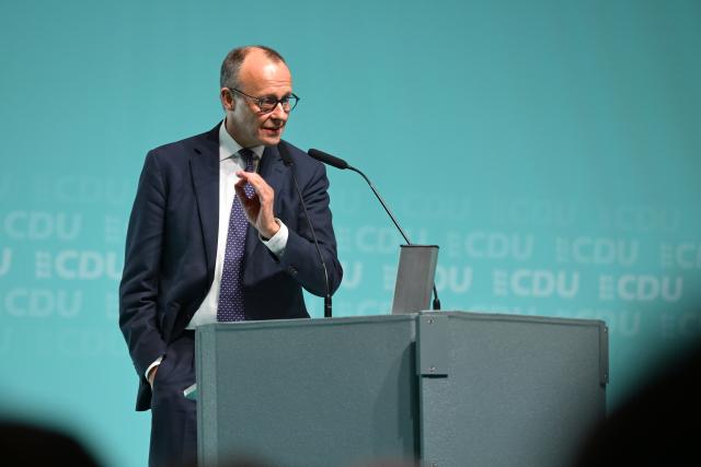 06 March 2026, Baden-Wuerttemberg, Ravensburg: German Chancellor Friedrich Merz speaks on stage at the Oberschwabenhalle during the Christian Democratic Union of Germany (CDU) Baden-Wuerttemberg's campaign ahead of the 2026 state election. Photo: Felix Kästle/dpa