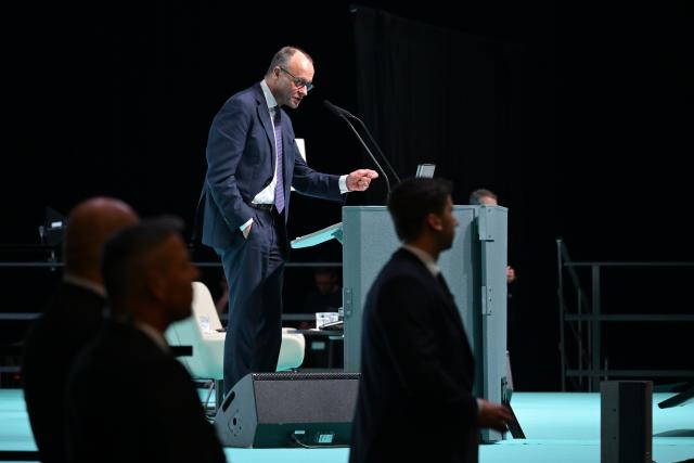 06 March 2026, Baden-Wuerttemberg, Ravensburg: German Chancellor Friedrich Merz speaks on stage at the Oberschwabenhalle
 during the Christian Democratic Union of Germany (CDU) Baden-Wuerttemberg's campaign ahead of the 2026 state election. Photo: Felix Kästle/dpa