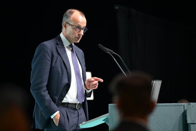 06 March 2026, Baden-Wuerttemberg, Ravensburg: German Chancellor Friedrich Merz speaks on stage at the Oberschwabenhalle during the Christian Democratic Union of Germany (CDU) Baden-Wuerttemberg's campaign ahead of the 2026 state election. Photo: Felix Kästle/dpa