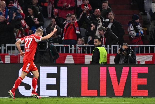 06 March 2026, Bavaria, Munich: Bayern Munich's Konrad Laimer celebrates scoring his side's second goal during the German Bundesliga soccer match between Bayern Munich and Borussia Moenchengladbach at the Allianz Arena. Photo: Harry Langer/dpa - IMPORTANT NOTICE: DFL and DFB regulations prohibit any use of photographs as image sequences and/or quasi-video.