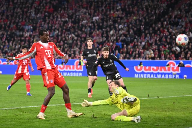 06 March 2026, Bavaria, Munich: Bayern Munich's Nicolas Jackson scores his side's fourth goal during the German Bundesliga soccer match between Bayern Munich and Borussia Moenchengladbach at the Allianz Arena. Photo: Harry Langer/dpa - IMPORTANT NOTICE: DFL and DFB regulations prohibit any use of photographs as image sequences and/or quasi-video.
