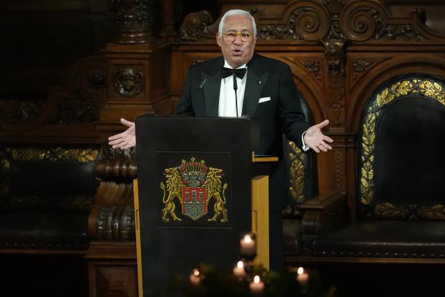 06 March 2026, Hamburg: President of the European Council Antonio Costa speaks at the traditional Matthiae-Mahl 2026 banquet hosted by the Hamburg Senate in the Grand Ballroom of City Hall. Photo: Marcus Brandt/dpa
