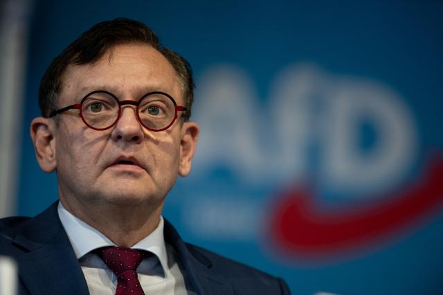 07 March 2026, North Rhine-Westphalia, Marl: Kay Gottschalk, deputy state spokesperson for the AfD NRW, sits on the podium. The AfD NRW elects a new state executive at a party conference. Photo: Fabian Strauch/dpa
