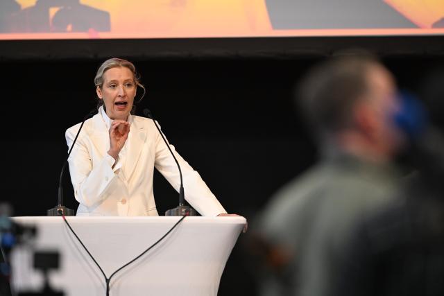 07 March 2026, North Rhine-Westphalia, Marl: Alice Weidel, Chairwoman of the AfD parliamentary group, speaks at the AfD state party conference. The AfD NRW elects a new state executive at a party conference. Photo: Fabian Strauch/dpa
