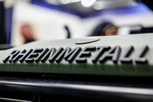 FILED - 23 February 2026, Bavaria, Nuremberg: The logo of the Rheinmetall armaments group is seen on a vehicle at the company's stand at the Enforce Tac trade fair for security and defense. Photo: Daniel Karmann/dpa