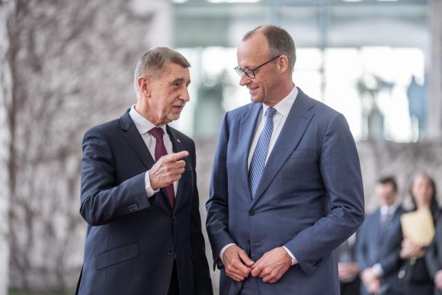 10 March 2026, Berlin: Czech Prime Minister Andrej Babis (L) welcomed by German Chancellor Friedrich Merz in front of the Federal Chancellery ahead of their meeting. Photo: Michael Kappeler/dpa