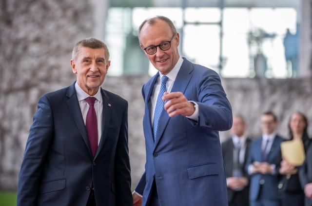 10 March 2026, Berlin: Czech Prime Minister Andrej Babis (L) welcomed by German Chancellor Friedrich Merz in front of the Federal Chancellery ahead of their meeting. Photo: Michael Kappeler/dpa