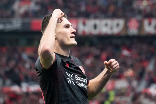 FILED - 08 November 2025, Leverkusen: Leverkusen's Patrik Schick celebrates scoring during the German Bundesliga soccer match between Bayer Leverkusen and 1. FC Heidenheim at the BayArena. Schick is back from injury but not likely to start in Wednesday's Champions League match against Arsenal. Photo: Marius Becker/dpa