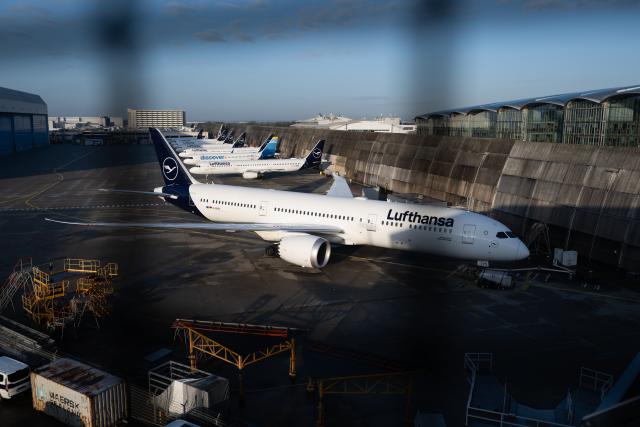 12 March 2026, Hesse, Frankfurt/Main: Lufthansa passenger planes are parked at Frankfurt Airport. Numerous Lufthansa flights have been canceled due to a two-day pilot strike organized by the Vereinigung Cockpit (VC) union. Photo: Florian Wiegand/dpa