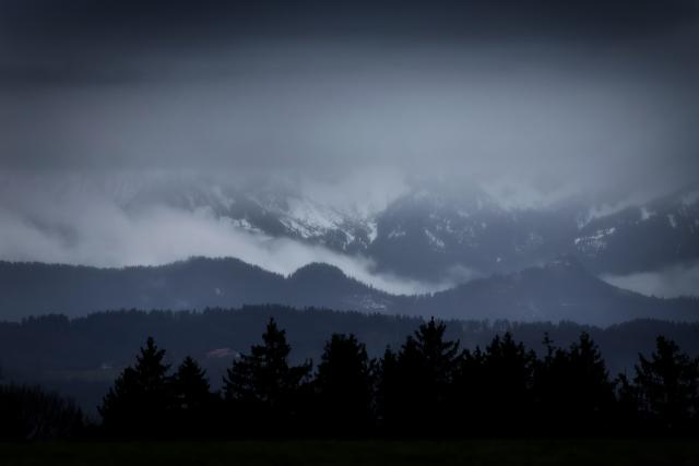 12 March 2026, Bavaria, Stoetten: The Allgaeu Alpine foothills and the panorama of the Alps are cloud-covered. Photo: Karl-Josef Hildenbrand/dpa