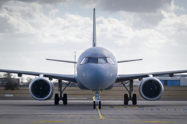 12 March 2026, Brandenburg, Schoenefeld: The Airbus A321 carrying Germany's Chancellor Merz on his trip to Norway taxis to its departure position at the military section of Berlin Brandenburg Airport, as Merz is set to make a stopover in Wiesbaden to attend the ceremony marking the 75th anniversary of the Federal Criminal Police Office (BKA). Photo: Soeren Stache/dpa