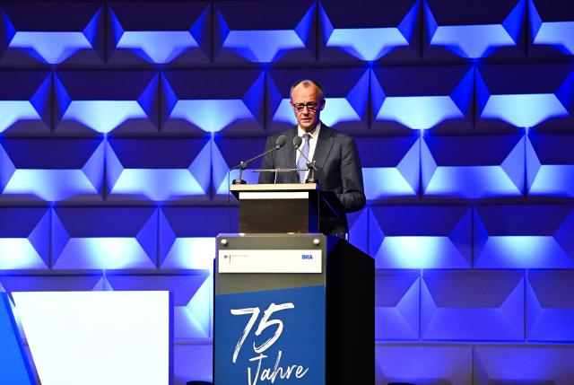 12 March 2026, Hesse, Wiesbaden: German Chancellor Friedrich Merz speaks during the ceremony to mark the 75th anniversary of the Federal Criminal Police Office (BKA). Photo: Soeren Stache/dpa