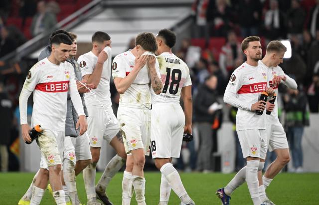 12 March 2026, Baden-Württemberg, Stuttgart: Stuttgart's players react after losing the UEFA Europa League soccer match between VfB Stuttgart and FC Porto at the MHPArena. Photo: Marijan Murat/dpa