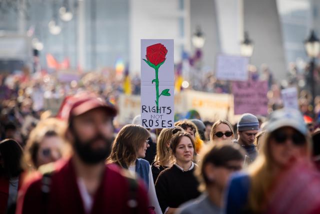 FILED - 08 March 2026, Berlin: People take part in a trade union demonstration under the slogan "feminist, solidarity, trade union" on the International Women's Day. Photo: Christoph Soeder/dpa