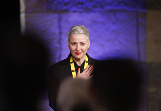 FILED - 14 March 2026, North Rhine-Westphalia, Aachen: Laureate Maria Kolesnikova speaks after receiving the International Charlemagne Prize at City Hall. Maria Kolesnikova, a high-profile figure in Belarus' opposition movement, has said she read over 700 books while she was imprisoned for five years by the regime of long-time leader Alexander Lukashenko. Photo: Thomas Banneyer/dpa