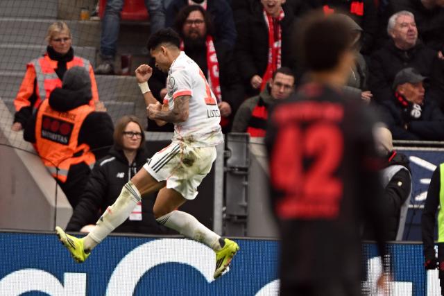 14 March 2026, Leverkusen: Munich's Luis Diaz celebrates scoring his side's first goal during the German Bundesliga soccer match between Bayer 04 Leverkusen and FC Bayern Munich at the BayArena. Photo: Federico Gambarini/dpa - IMPORTANT NOTICE: DFL and DFB regulations prohibit any use of photographs as image sequences and/or quasi-video.