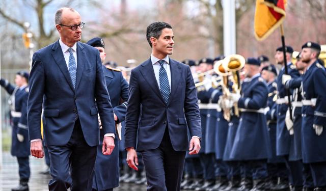 16 March 2026, Berlin: German Chancellor Friedrich Merz (L) welcomes Dutch Prime Minister Rob Jetten at the Federal Chancellery ahead of their meeting. Photo: Britta Pedersen/dpa
