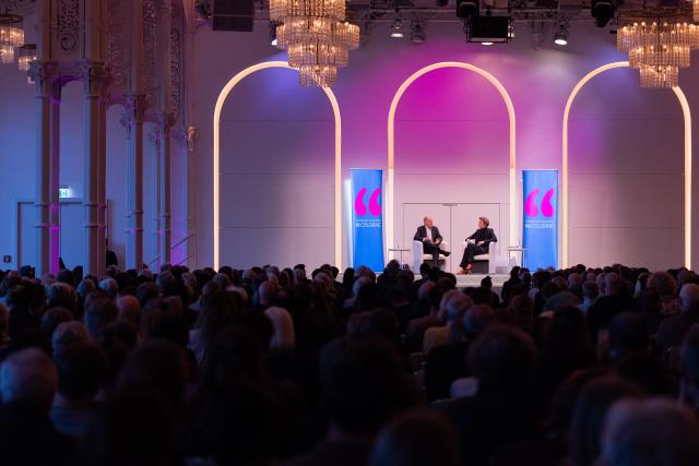 16 March 2026, North Rhine-Westphalia, Cologne: Former German Chancellor Olaf Scholz speak with host Bettina Boettinger about "the books of his life" on stage at the Flora as part of the Lit.Cologne literary festival. Photo: Rolf Vennenbernd/dpa