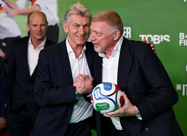 16 March 2026, Bavaria, Munich: German coach Klaus Augenthaler (L) and former German tennis player Boris Becker arrive to attend the premiere of the documentary "A Summer in Italy - 1990 World Cup" at the Mathaeser Filmpalast. Photo: Sven Hoppe/dpa