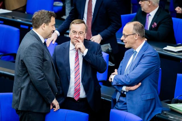 18 March 2026, Berlin: German Chancellor Friedrich Merz, German Defense Minister Boris Pistorius and German Minister of Finance Lars Klingbeil attend the plenary session of the German Parliament (Bundestag). Photo: Christoph Soeder/dpa