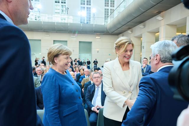 18 March 2026, Berlin: (L-R) Angela Merkel, former German Chancellor, Julia Kloeckner, President of the Bundestag, and Joachim Gauck, former German President, attend the memorial service to mark the 10th anniversary of the death of Free Democratic Party (FDP) politician Guido Westerwelle. Photo: Annette Riedl/dpa