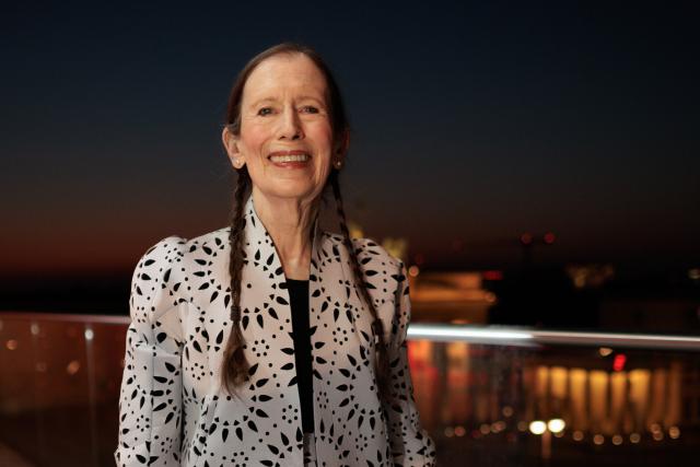 18 March 2026, Berlin: American composer and singer Meredith Monk stands on the terrace of the Academy of Arts prior to the presentation of the 2026 Berlin Grand Art Prize. Photo: Carsten Koall/dpa