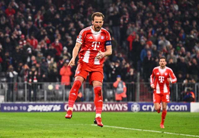 18 March 2026, Bavaria, Munich: Bayern Munich's Harry Kane celebrates scoring his side's first goal during the UEFA Champions League Round of 16, Second Leg soccer match between Bayern Munich and Atalanta Bergamo at the Allianz Arena. Photo: Tom Weller/dpa