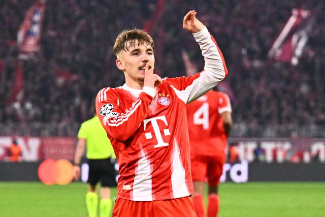 18 March 2026, Bavaria, Munich: Bayern Munich's Lennart Karl celebrates scoring his side's third goal during the UEFA Champions League Round of 16, Second Leg soccer match between Bayern Munich and Atalanta Bergamo at the Allianz Arena. Photo: Tom Weller/dpa
