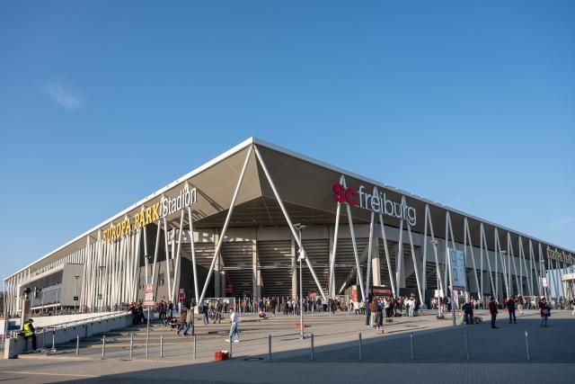 19 March 2026, Baden-Wuerttemberg, Freiburg im Breisgau: A general view outside the Europa-Park Stadium ahead of the UEFA Europa League Round of 16 Second Leg soccer match between SC Freiburg and KRC Genk. Photo: Silas Stein/dpa