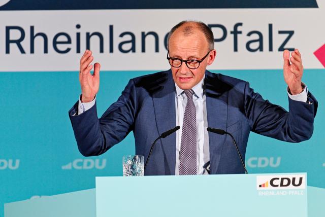 20 March 2026, Rhineland-Palatinate, Bad Duerkheim: German Chancellor Friedrich Merz speaks at the Salierhalle to mark the conclusion of the Christian Democratic Union (CDU) state election campaign. Photo: Uwe Anspach/dpa