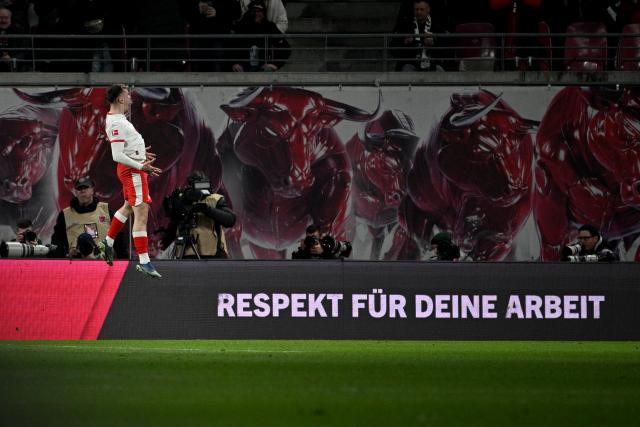 20 March 2026, Saxony, Leipzig: Leipzig's Brajan Gruda celebrates scoring his side's first goal during the German Bundesliga soccer match between RB Leipzig and TSG 1899 Hoffenheim at Red Bull Arena. Photo: Julius Frick/dpa