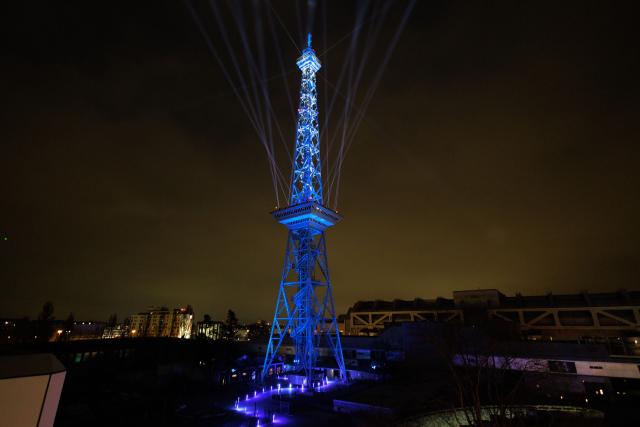 20 March 2026, Berlin: A new light show illuminates the Radio Tower during the event marking the start of the "100 Years of the Radio Tower" anniversary year. Photo: Carsten Koall/dpa