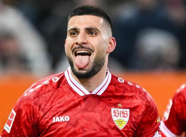22 March 2026, Bavaria, Augsburg: Stuttgart's Deniz Undav celebrates after scoring his side's fourth goal of the game during the German Bundesliga match between FC Augsburg and VfB Stuttgart at the Millerntor Stadium. Photo: Harry Langer/dpa - WICHTIGER HINWEIS: Gemäß den Vorgaben der DFL Deutsche Fußball Liga bzw. des DFB Deutscher Fußball-Bund ist es untersagt, in dem Stadion und/oder vom Spiel angefertigte Fotoaufnahmen in Form von Sequenzbildern und/oder videoähnlichen Fotostrecken zu verwerten bzw. verwerten zu lassen.