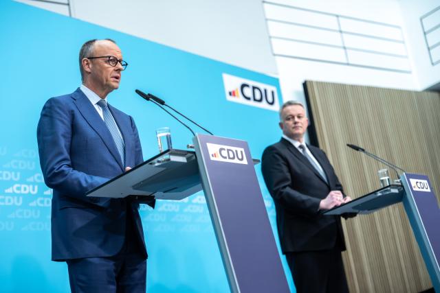 23 March 2026, Berlin: German Chancellor Friedrich Merz speaks next to Gordon Schnieder, top candidate of the Christian Democratic Union (CDU) at the press conference after the meeting of the CDU Federal Executive Committee at the party headquarters, the Konrad Adenauer Haus. Photo: Michael Kappeler/dpa