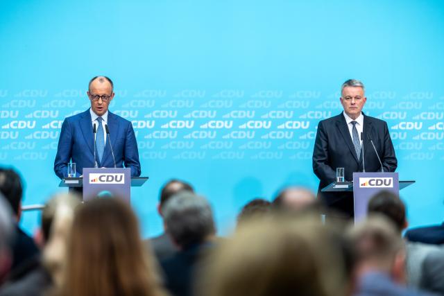 23 March 2026, Berlin: German Chancellor Friedrich Merz speaks next to Gordon Schnieder, top candidate of the Christian Democratic Union (CDU) at the press conference after the meeting of the CDU Federal Executive Committee at the party headquarters, the Konrad Adenauer Haus. Photo: Michael Kappeler/dpa