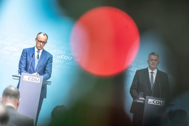23 March 2026, Berlin: German Chancellor Friedrich Merz speaks next to Gordon Schnieder, top candidate of the Christian Democratic Union (CDU) at the press conference after the meeting of the CDU Federal Executive Committee at the party headquarters, the Konrad Adenauer Haus. Photo: Michael Kappeler/dpa