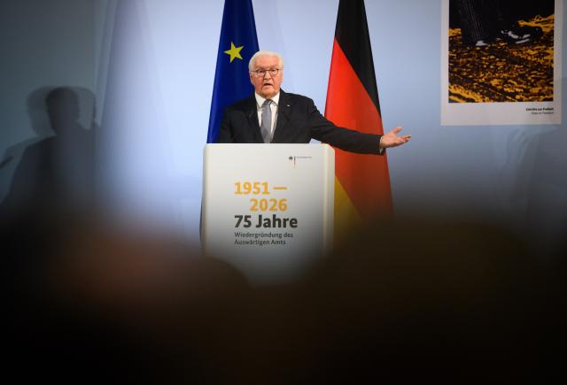 24 March 2026, Berlin: German President Frank-Walter Steinmeier speaks at the 75 years of the re-establishment of the German Foreign Office anniversary event at the German Foreign Office in Berlin. The Office was re-established after the Second World War on March 15, 1951. Photo: Bernd von Jutrczenka/dpa