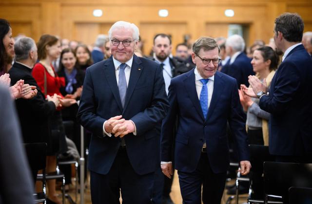 24 March 2026, Berlin: German President Frank-Walter Steinmeier and German Foreign Minister Johann Wadephul attend the 75 years of the re-establishment of the German Foreign Office anniversary event at the German Foreign Office in Berlin. The Office was re-established after the Second World War on March 15, 1951. Photo: Bernd von Jutrczenka/dpa