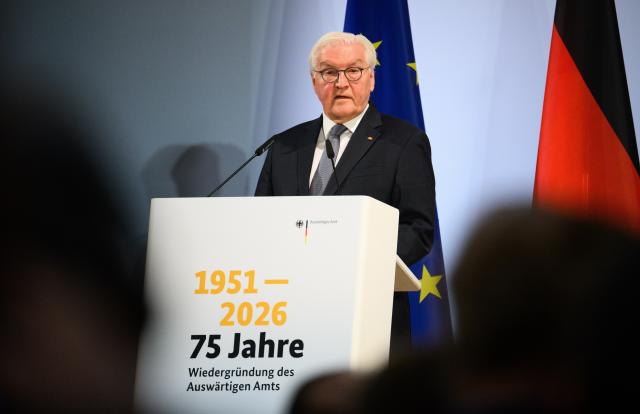 24 March 2026, Berlin: German President Frank-Walter Steinmeier speaks at the 75 years of the re-establishment of the German Foreign Office anniversary event at the German Foreign Office in Berlin. The Office was re-established after the Second World War on March 15, 1951. Photo: Bernd von Jutrczenka/dpa
