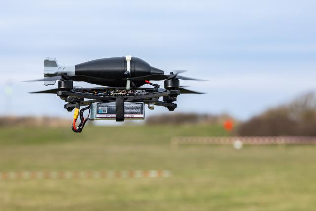 FILED - 19 March 2026, Schleswig-Holstein, Heiligenhafen: A target drone with a dummy explosive flies during a demonstration as part of the three-day "Joint Counter-Terrorism Exercise" (GETEX). Photo: Ulrich Perrey/dpa