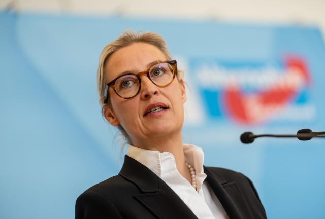24 March 2026, Berlin: Alice Weidel, Chairwoman and parliamentary group leader of the Alternative for Germany (AfD) party, gives a press statement before the parliamentary group meeting in the German Parliament (Bundestag). Photo: Michael Kappeler/dpa
