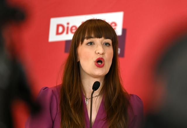 24 March 2026, Berlin: Heidi Reichinnek, leader of the Left party's parliamentary group, gives a statement before the parliamentary group meeting in the German Parliament (Bundestag). Photo: Lilli Förter/dpa