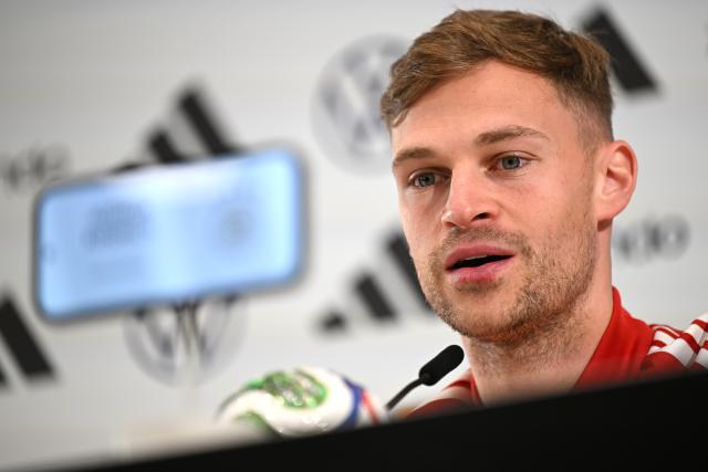 24 March 2026, Bavaria, Herzogenaurach: Germany's Joshua Kimmich speaks during a press conference of the German National team ahead of the international friendly match against Switzerland. Photo: Federico Gambarini/dpa - IMPORTANT NOTICE: DFL and DFB regulations prohibit any use of photographs as image sequences and/or quasi-video.