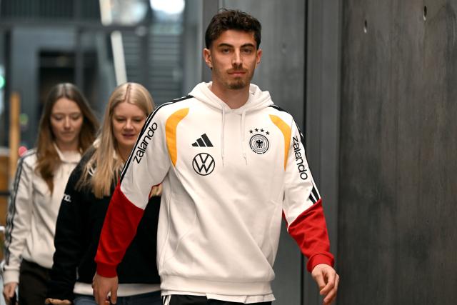 25 March 2026, Bavaria, Herzogenaurach: Germany's Kai Havertz arrives to the team's press conference ahead of the International friendly soccer match against Switzerland. Photo: Federico Gambarini/dpa