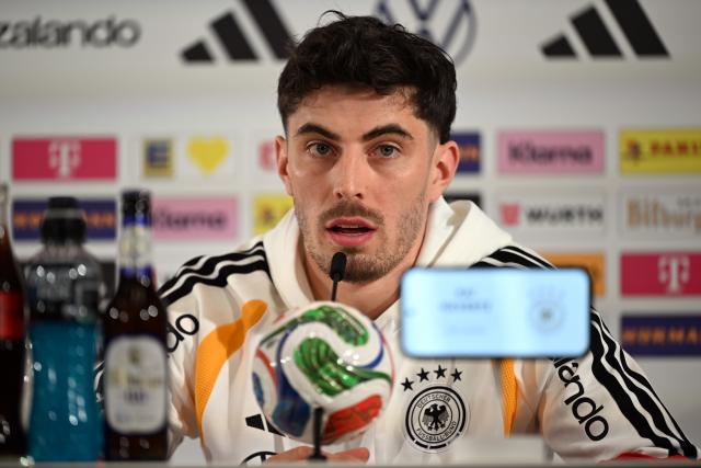 25 March 2026, Bavaria, Herzogenaurach: Germany's Kai Havertz speaks during the team's press conference ahead of the International friendly soccer match against Switzerland. Photo: Federico Gambarini/dpa