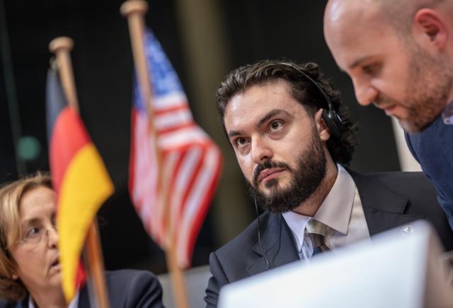 25 March 2026, Berlin: Stefano Forte (C), President of the New York Young Republican Club, participates in an Alternative for Germany (AfD) parliamentary group discussion on 'German-American Relations, the Changing World Order, and Freedom of Expression' alongside Beatrix von Storch (L), Deputy Chair of the AfD parliamentary group in the Bundestag, and Markus Frohnmaier (R), Deputy Chair and Foreign Policy Spokesperson for the AfD parliamentary group. Photo: Michael Kappeler/dpa