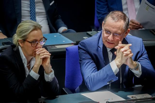 26 March 2026, Berlin: Parliamentary group leaders and federal chairmen of the Alternative for Germany (AfD) Alice Weidel (L) and Tino Chrupalla attend the plenary session of the German Bundestag. Photo: Kay Nietfeld/dpa